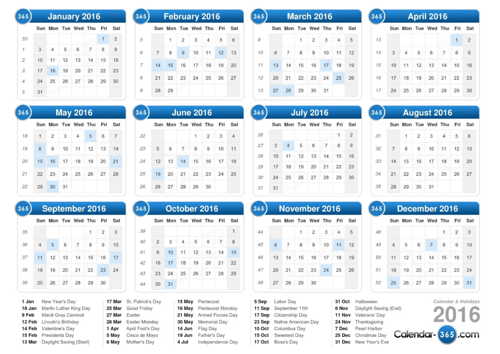 2016 Calendar - 12 Month Calendar 2016 With Week Numbers