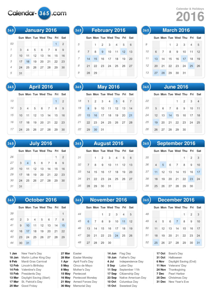 2016 Calendar - 2016 Calendar Showing Week Numbers