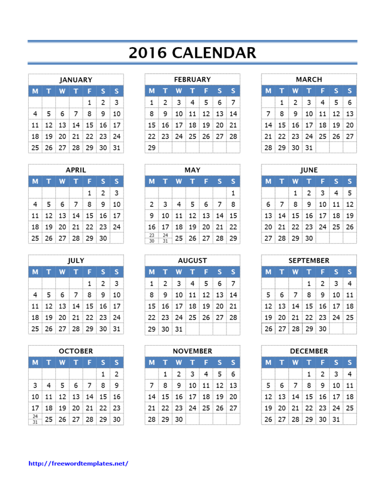 2016 Calendar Templates - 2016 Year Calendar With Week Numbers