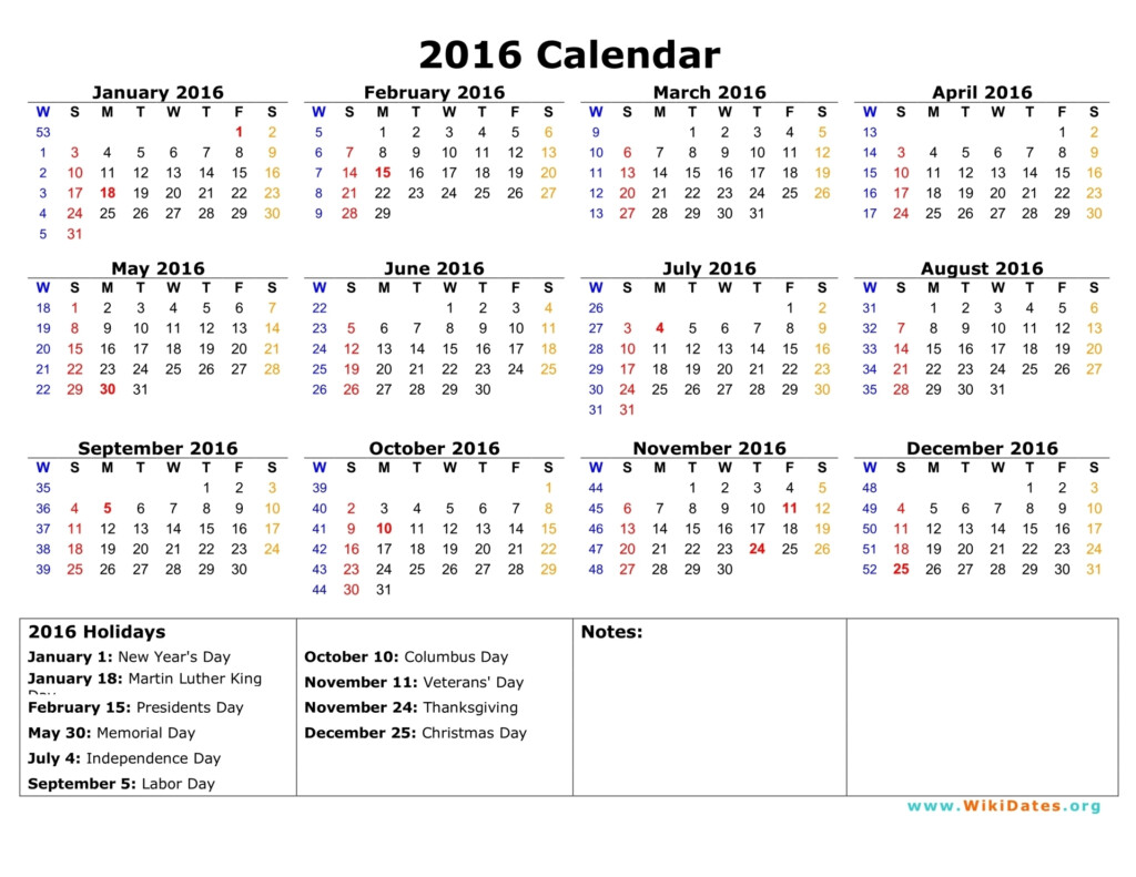 2016 Calendar WikiDates - Calendar 2016 Weeks Numbered