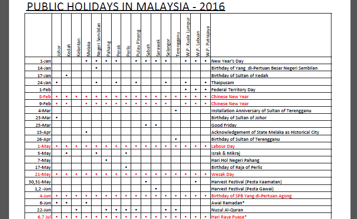 2016 Malaysia Public Holidays Calendar Showcase In PDF Format Miri  - Calendar 2016 Malaysia With Week Numbers