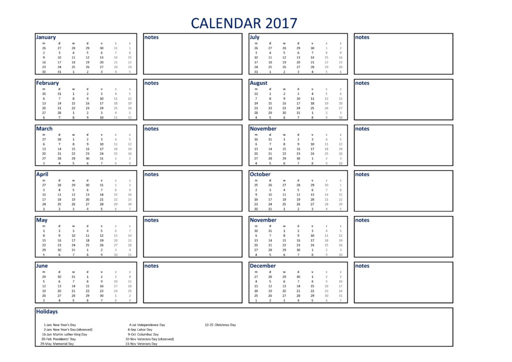 2017 Calendar Excel A3 With Notes Templates At Allbusinesstemplates - 2017 Calendar Excel With Week Numbers