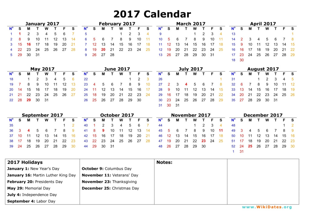 2017 Calendar WikiDates - 2017 Calendar Showing Week Numbers