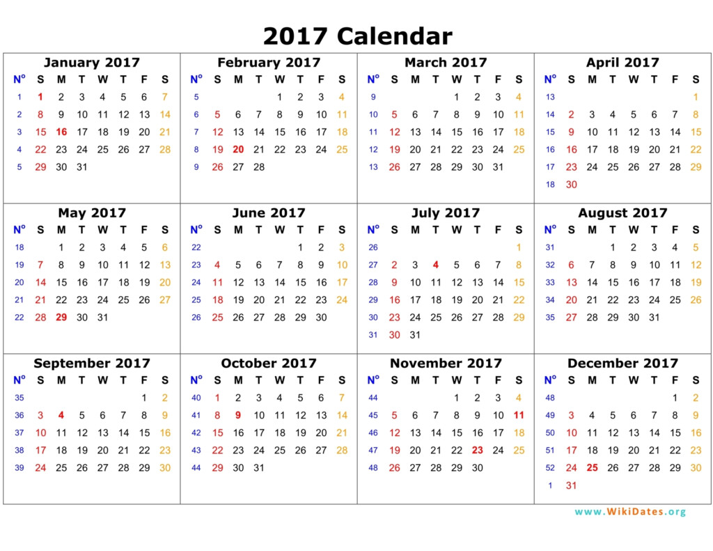 2017 Calendar WikiDates - Monthly Calendar 2017 With Week Numbers