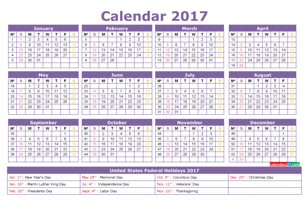 2017 Yearly Calendar Printable PDF - 2017 Calendar With Day And Week Numbers