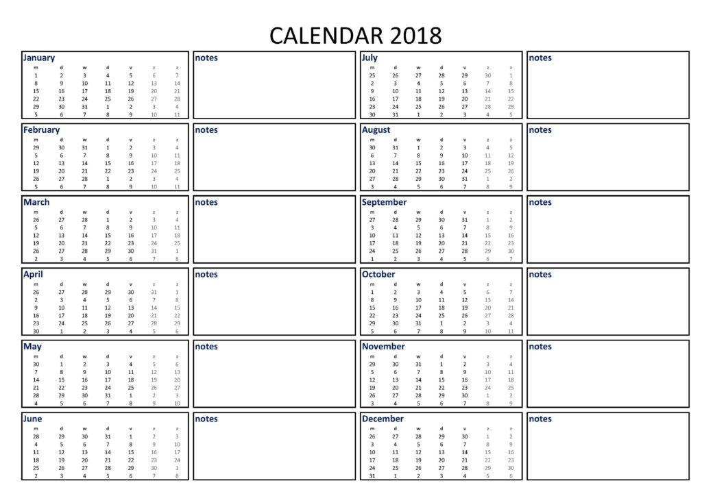 2018 Calendar Excel Template A3 With Notes Templates At  - 2018 Calendar Excel Templates With Week Numbers