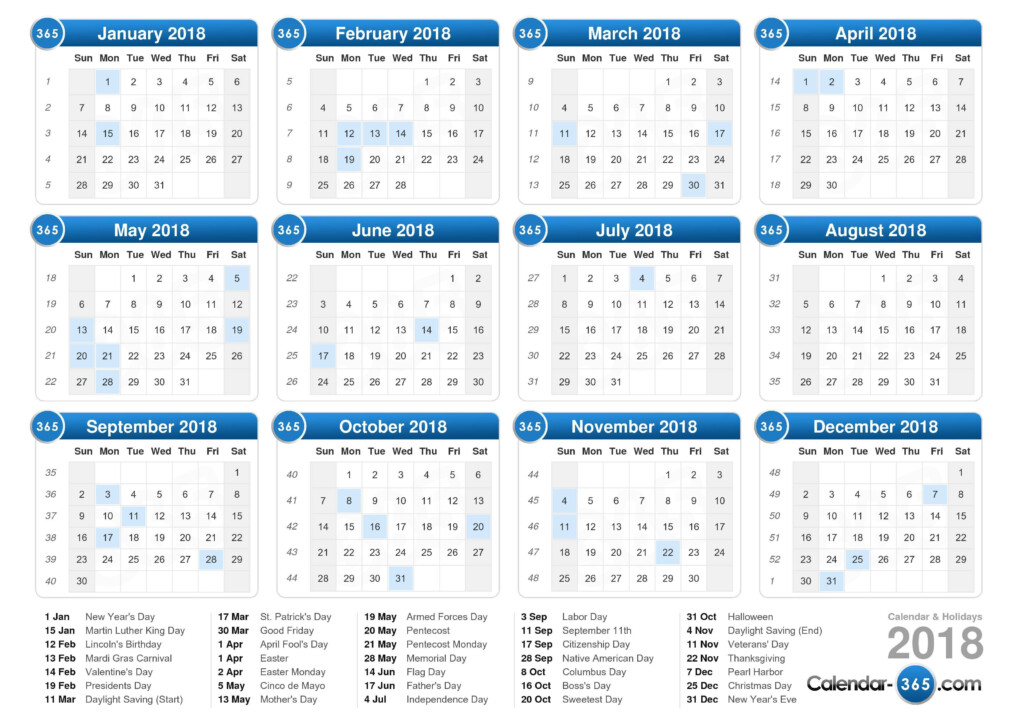 2018 Calendar - Calendar 2018 Weeks Numbered