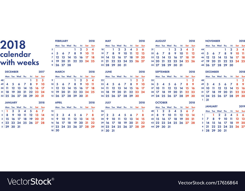 2018 Calendar Grid With Weeks Royalty Free Vector Image - Calendar 2018 With Week Numbers Starting Sunday