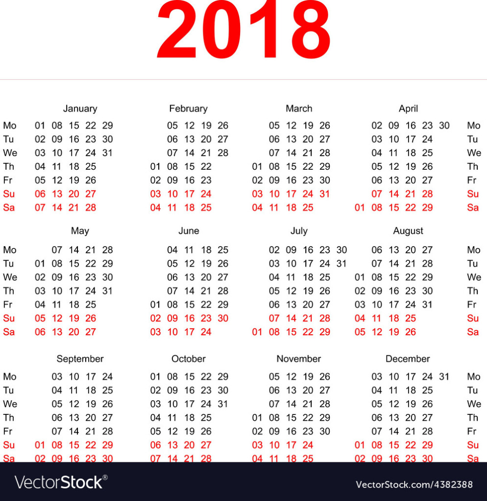 2018 Calendar Template Vertical Weeks First Day Vector Image - Calendar In Week Numbers 2018