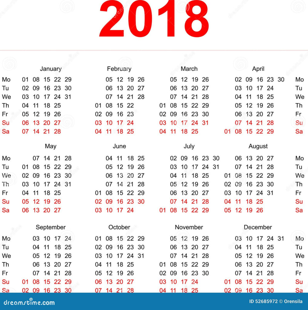 2018 Calendar Template Vertical Weeks Stock Vector Illustration Of  - 2018 Calendar Showing Numbered Weeks