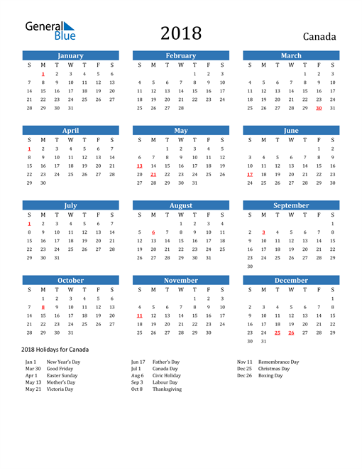 2018 Canada Calendar With Holidays - 2018 Calendar With Week Numbers Canada