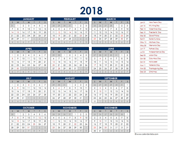 2018 Excel Yearly Calendar Free Printable Templates - 2018 Calendar Excel Templates With Week Numbers