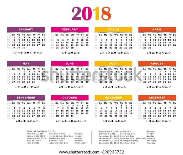 2018 Summer Colors Calendar Weeks Numbered Stock Illustration 698935732 - 2018 Calendar Showing Numbered Weeks