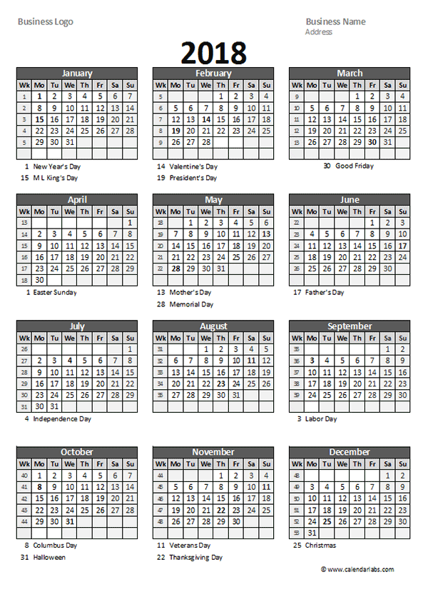 2018 Yearly Business Calendar With Week Number Free Printable Templates - 2018 Calendar Week Numbers