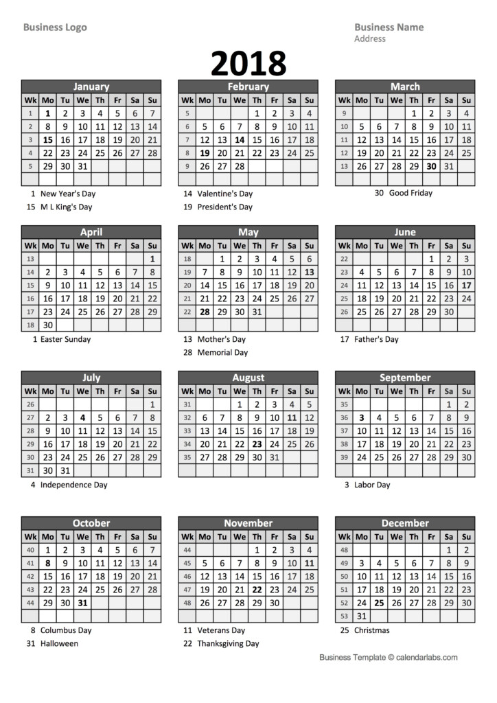 2018 Yearly Business Calendar With Week Number Free Printable Templates - Calendar 2018 Weeks Numbered