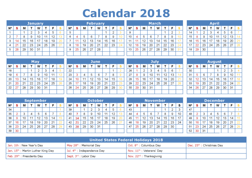 2018 Yearly Calendars With Holidays Activity Shelter - Year Calendar 2018 2019 With Holidays And Week Numbers