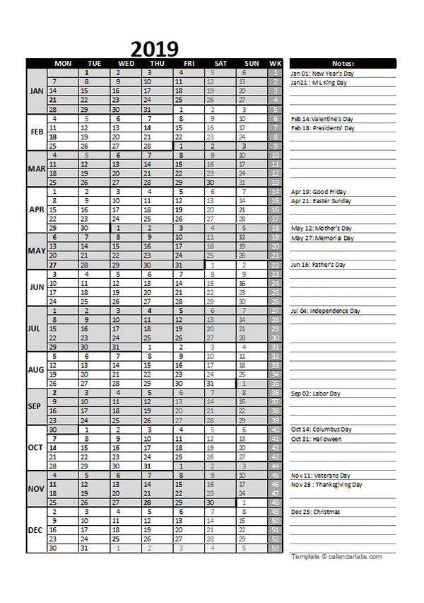 2019 Business Project Planning Calendar With Week Number Free  - 2019 Excel Calendar With Week Numbers