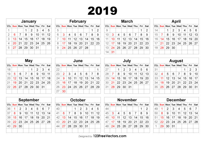 2019 Calendar With Week Numbers Free Vector By 123freevectors On DeviantArt - 2019 Calendar With Week Numbers