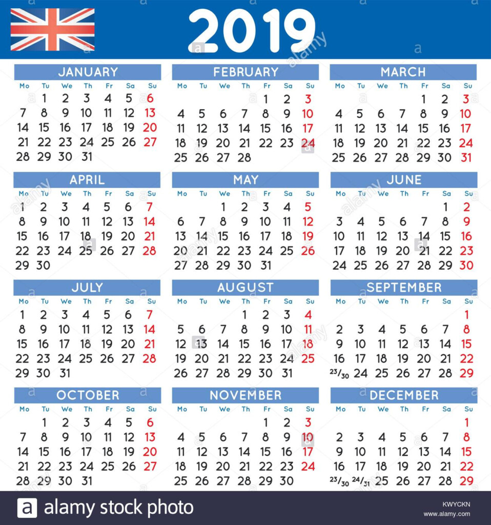 2019 Elegant Squared Calendar English UK Year 2019 Calendar Stock  - Uk Calendar 2019 Week Numbers