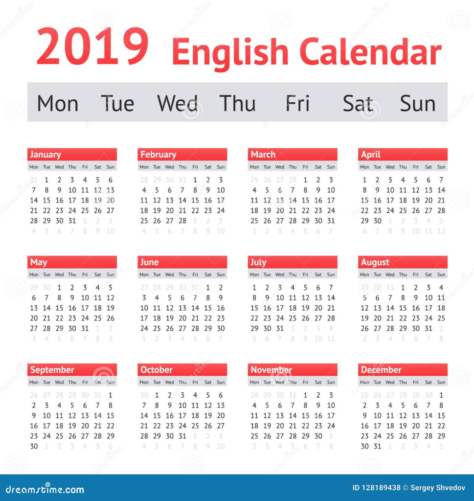 2019 European English Calendar Stock Vector Illustration Of Monthly  - European Calendar 2019 With Week Numbers