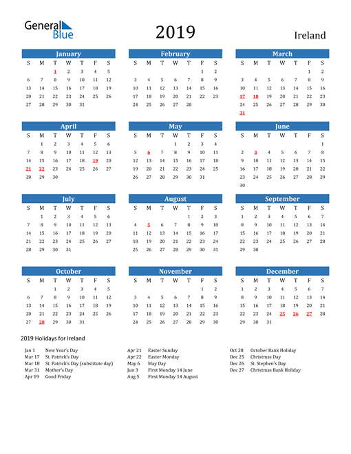 2019 Ireland Calendar With Holidays - 2019 Calendar Ireland With Week Numbers