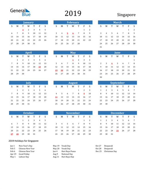 2019 Singapore Calendar With Holidays - 2019 Calendar With Week Numbers Singapore