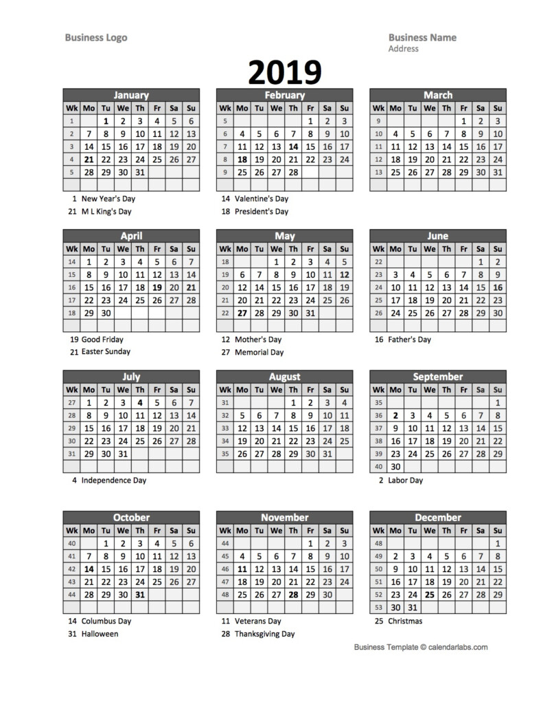 2019 Yearly Business Calendar With Week Number Free Printable Templates - 2019 Business Calendar With Week Numbers