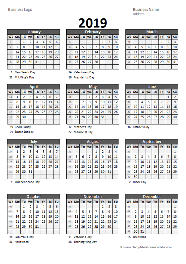 2019 Yearly Business Calendar With Week Number Free Printable Templates - Business Calendar 2019 With Week Numbers