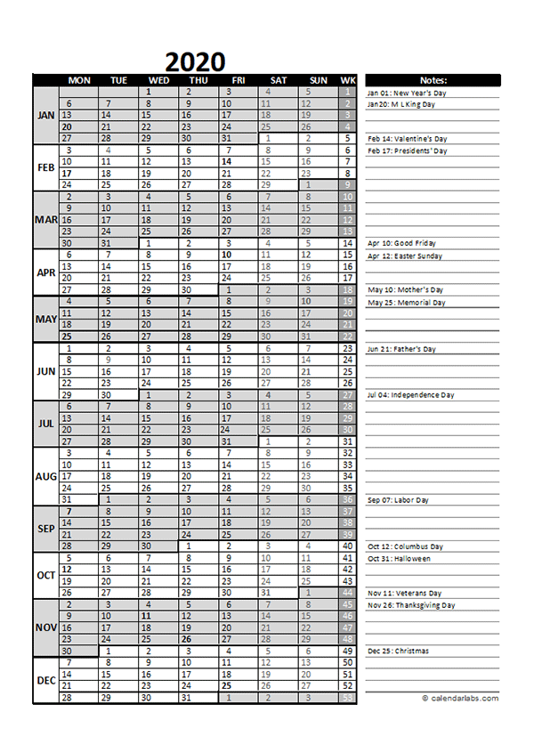 2020 Business Project Planning Calendar With Week Number Free  - 2020 Business Calendar Week Numbers