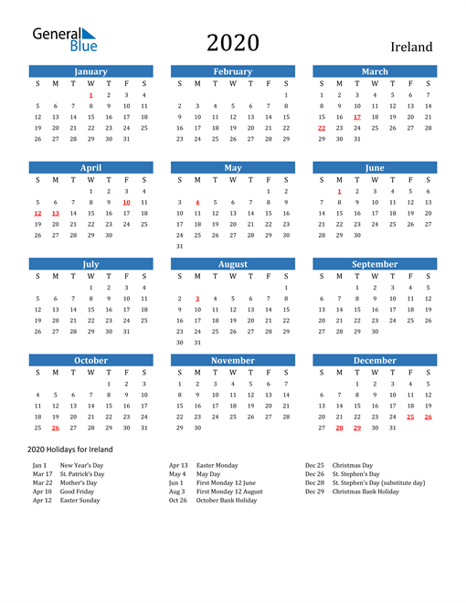 2020 Ireland Calendar With Holidays - Calendar 2020 Ireland With Week Numbers