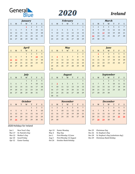 2020 Ireland Calendar With Holidays - Calendar 2020 Ireland With Week Numbers