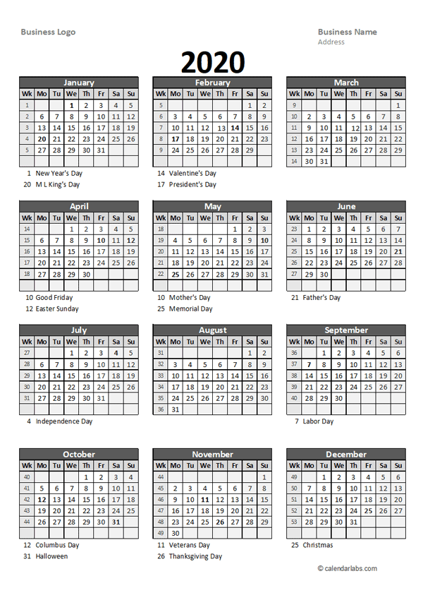 2020 Yearly Business Calendar With Week Number Free Printable Templates - 2020 Business Calendar Week Numbers