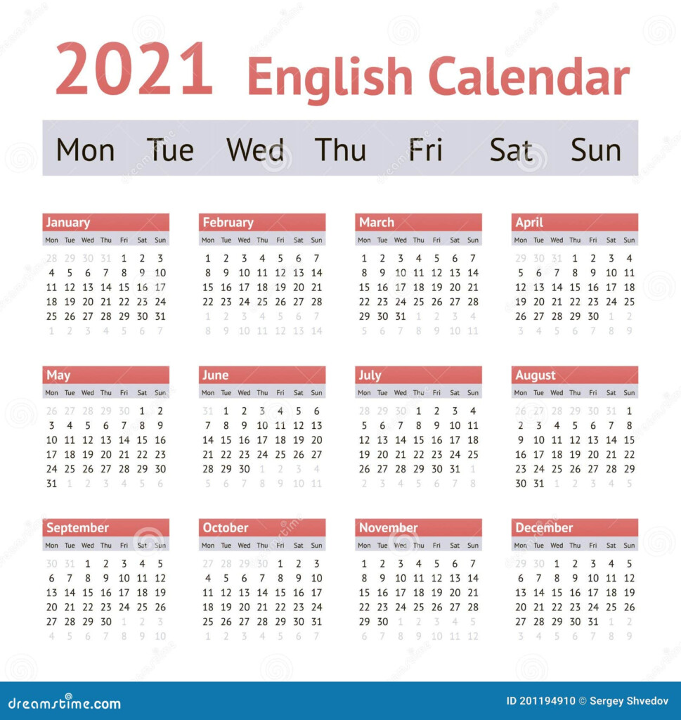 2021 European English Calendar Weeks Start On Monday Stock  - European Calendar Has Numbered Weeks