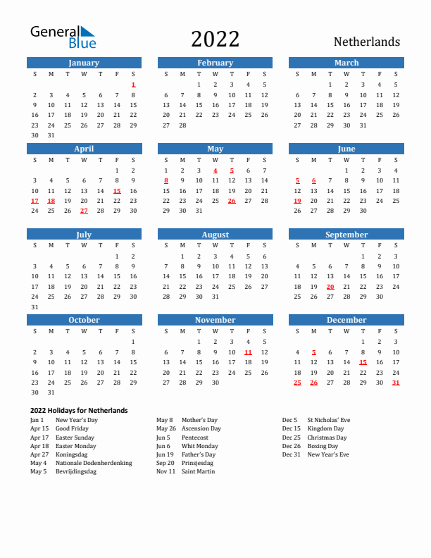 2022 The Netherlands Calendar With Holidays - Dutch Calendar With Week Numbers