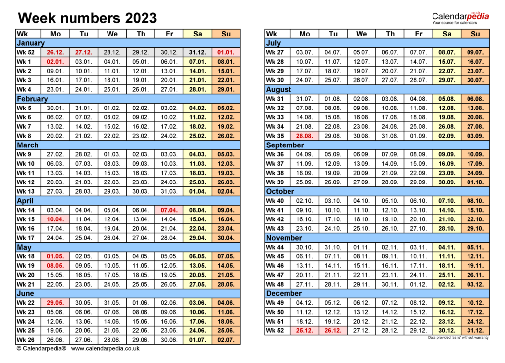 2023 Calendar With Week Numbers Printable - Calendar Of Week Numbers
