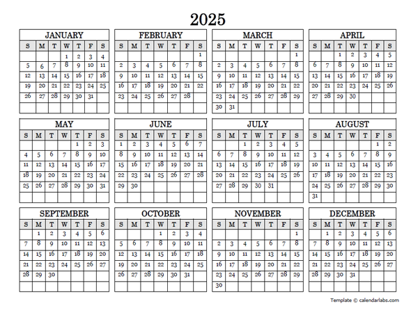 2025 Blank Yearly Calendar Landscape Free Printable Templates - Blank Calendar Yearly 2025 No Week Numbers