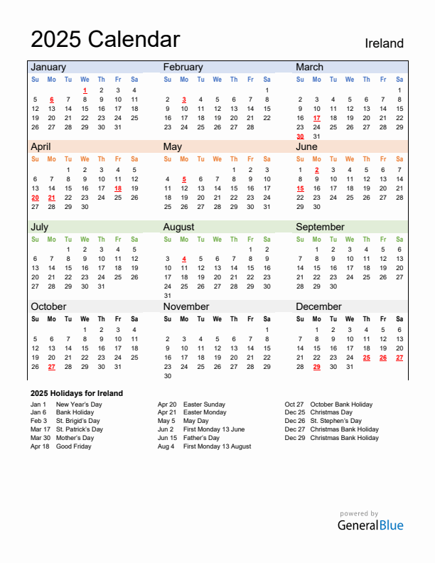 2025 Calendar Ireland With Week Numbers Printable Maryl Jermaine - 2025 Ireland Calendar With Week Numbers