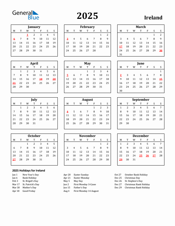 2025 Calendar Ireland With Week Numbers Printable Maryl Jermaine - 2025 Ireland Calendar With Week Numbers