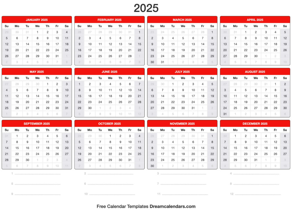 2025 Calendar Printable - Blank Calendar Yearly 2025 No Week Numbers