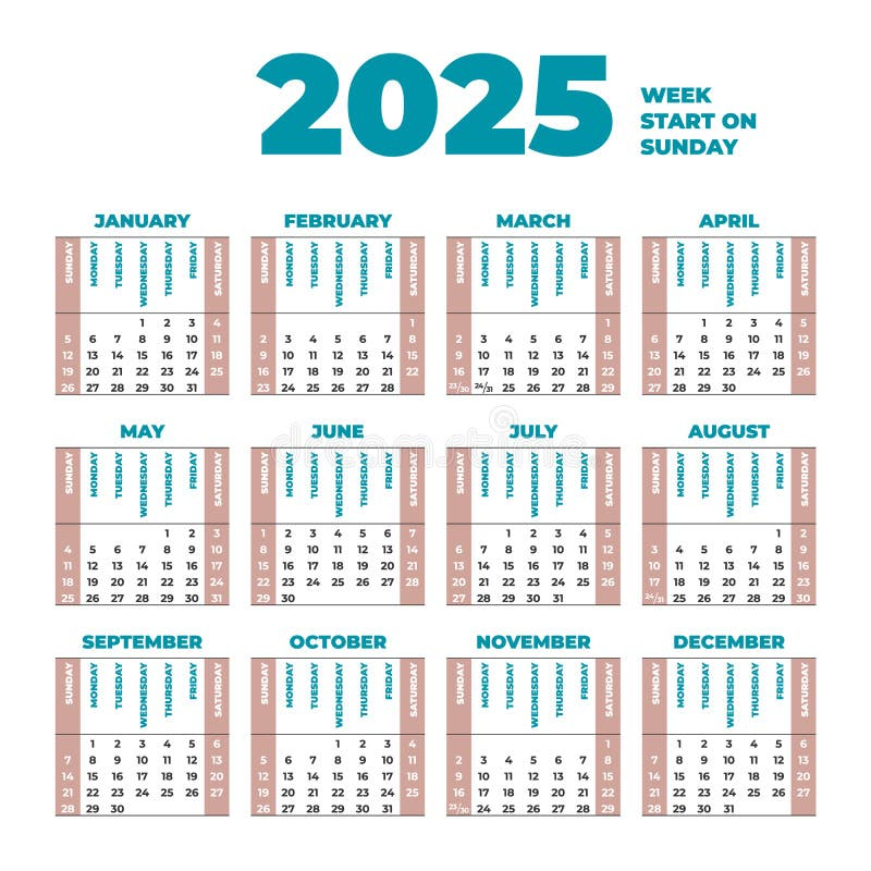 2025 Calendar Template With Weeks Start On Sunday Stock Vector  - Annystudio Calendar 2025 With Week Numbers