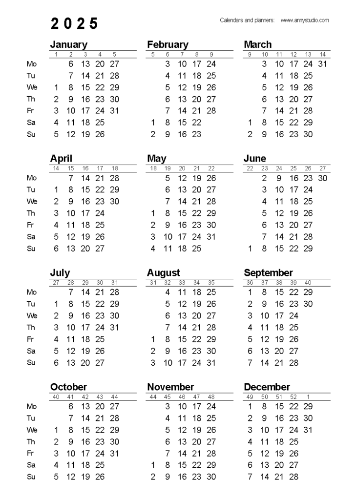 2025 Calendar With Week Numbers - 12 Month 2025 Calendar Numbered Weeks