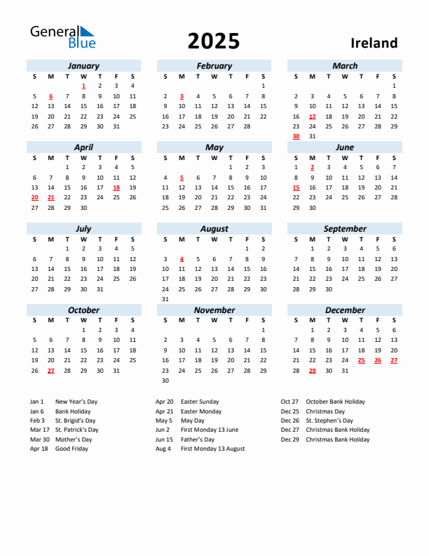 2025 Ireland Calendar With Holidays - Calendar 2025 Ireland With Week Numbers