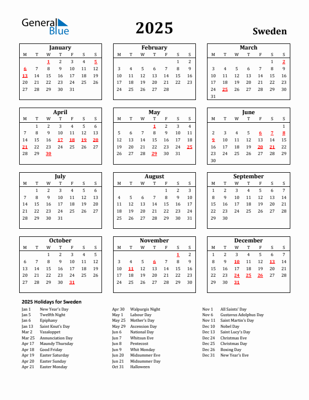 2025 Sweden Calendar With Holidays - Swedish Calendar 2025 With Week Numbers