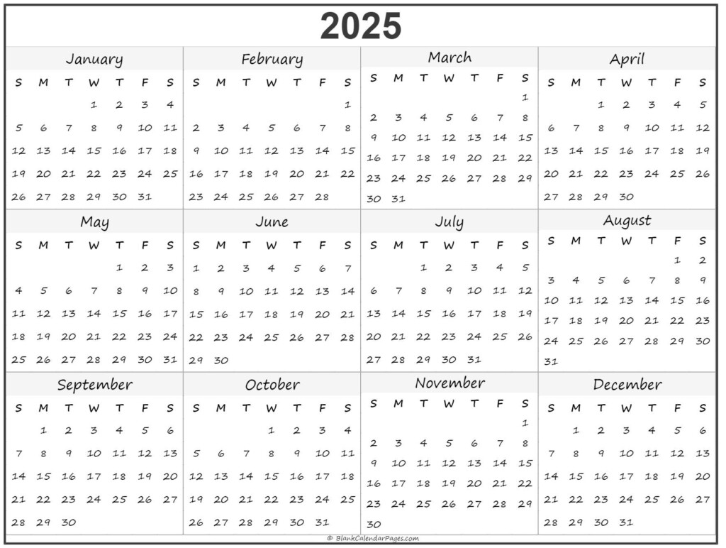 2025 Year Calendar Yearly Printable - Blank Calendar Yearly 2025 No Week Numbers