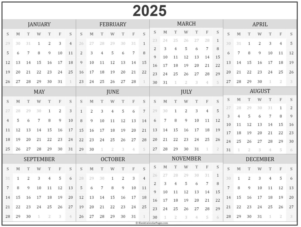 2025 Year Calendar Yearly Printable - Blank Calendar Yearly 2025 No Week Numbers