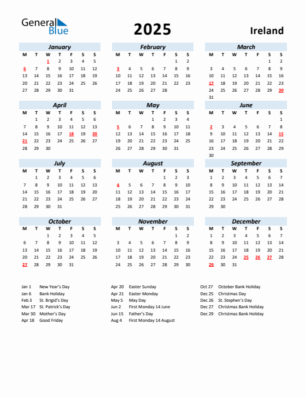 2025 Yearly Calendar For Ireland With Holidays - 2025 Ireland Calendar With Week Numbers