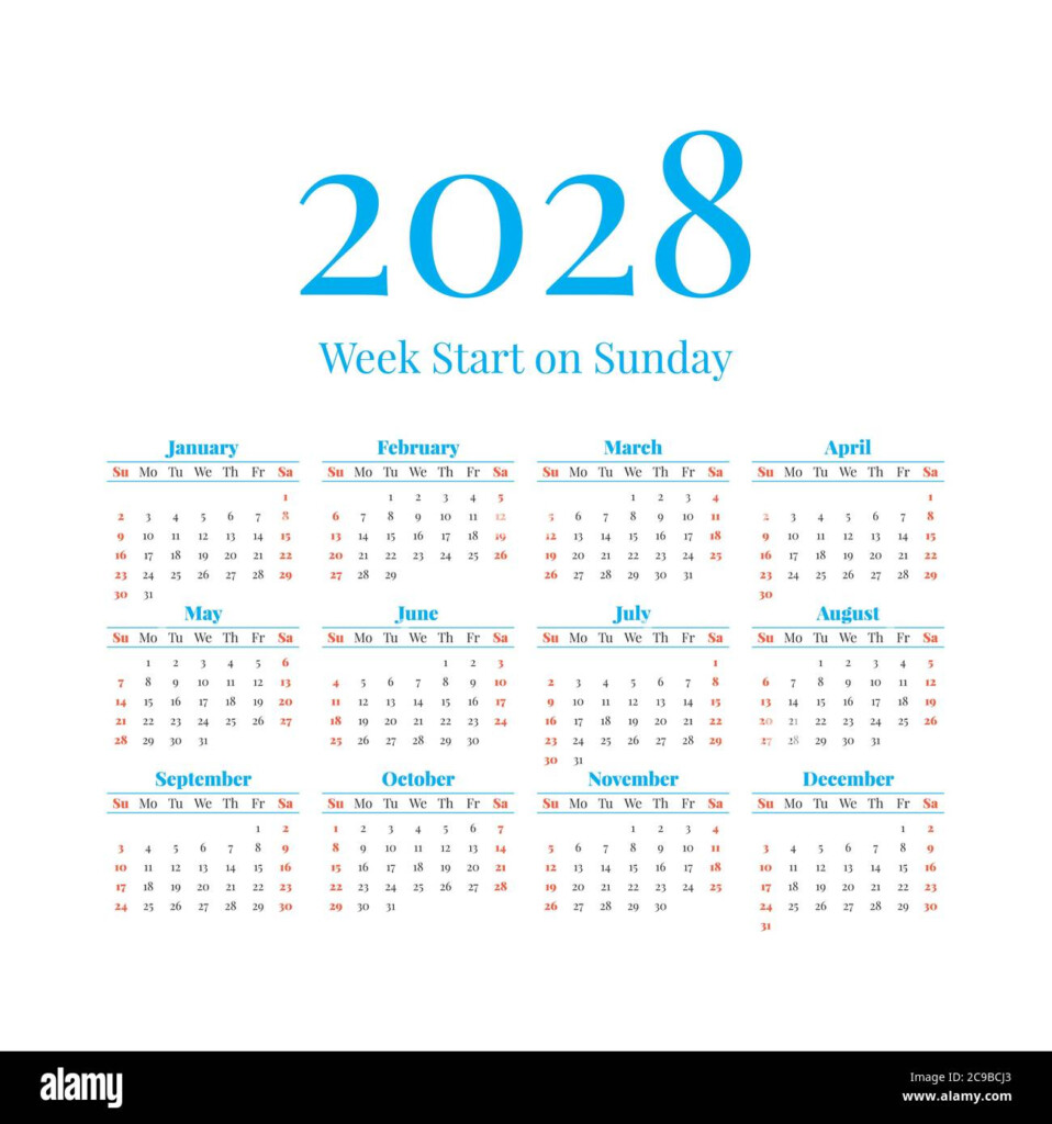 2028 Calendar With The Weeks Start On Sunday Stock Vector Image Art  - 2028 Calendar With Week Numbers