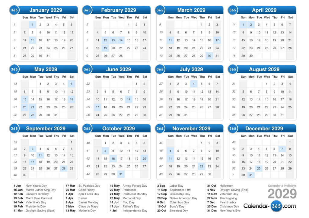 2029 Calendar - 2029 Calendar With Week Numbers