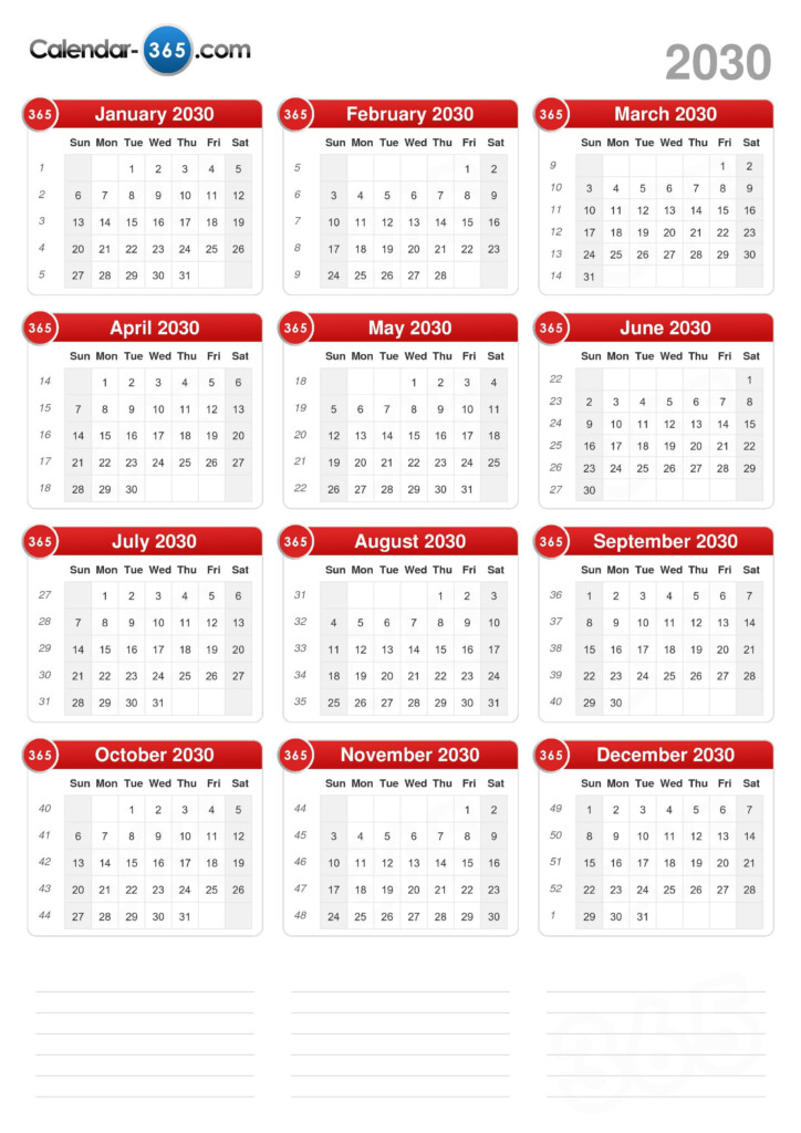 2030 Calendar - 2030 Calendar With Week Numbers