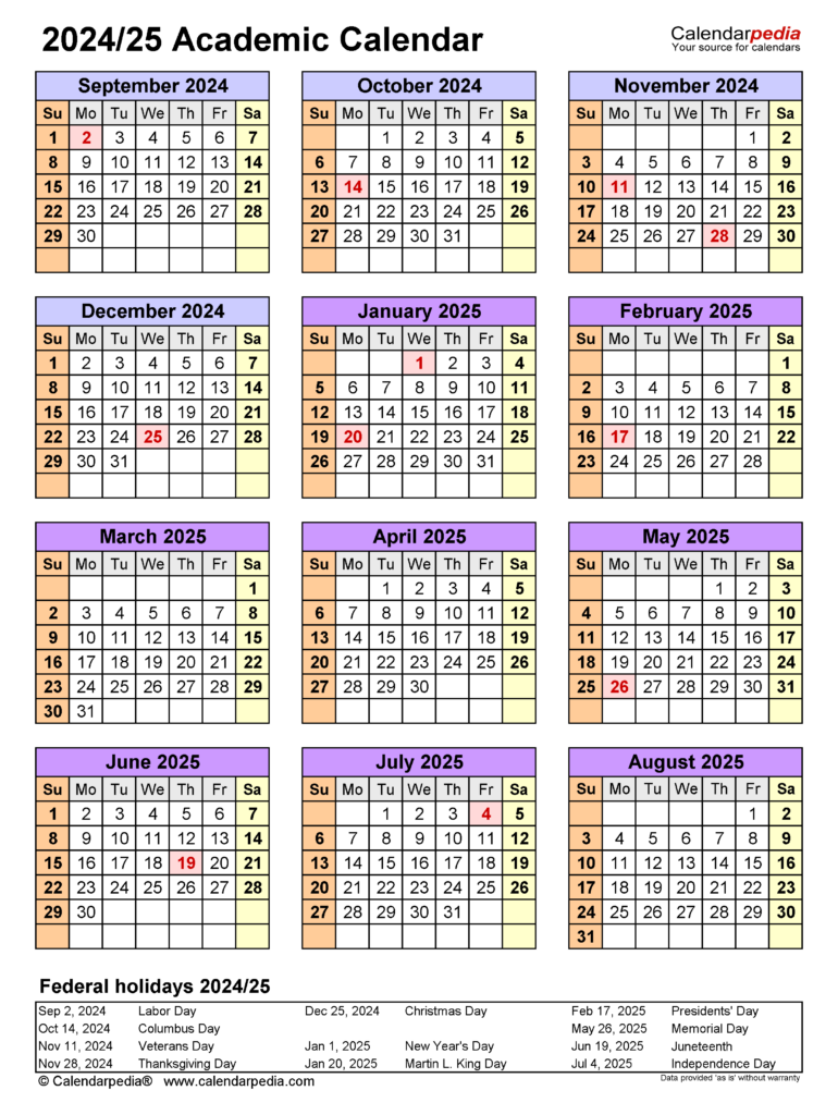 Academic Calendars 2024 2025 Free Printable PDF Templates - Academic Calendar With Week Numbers